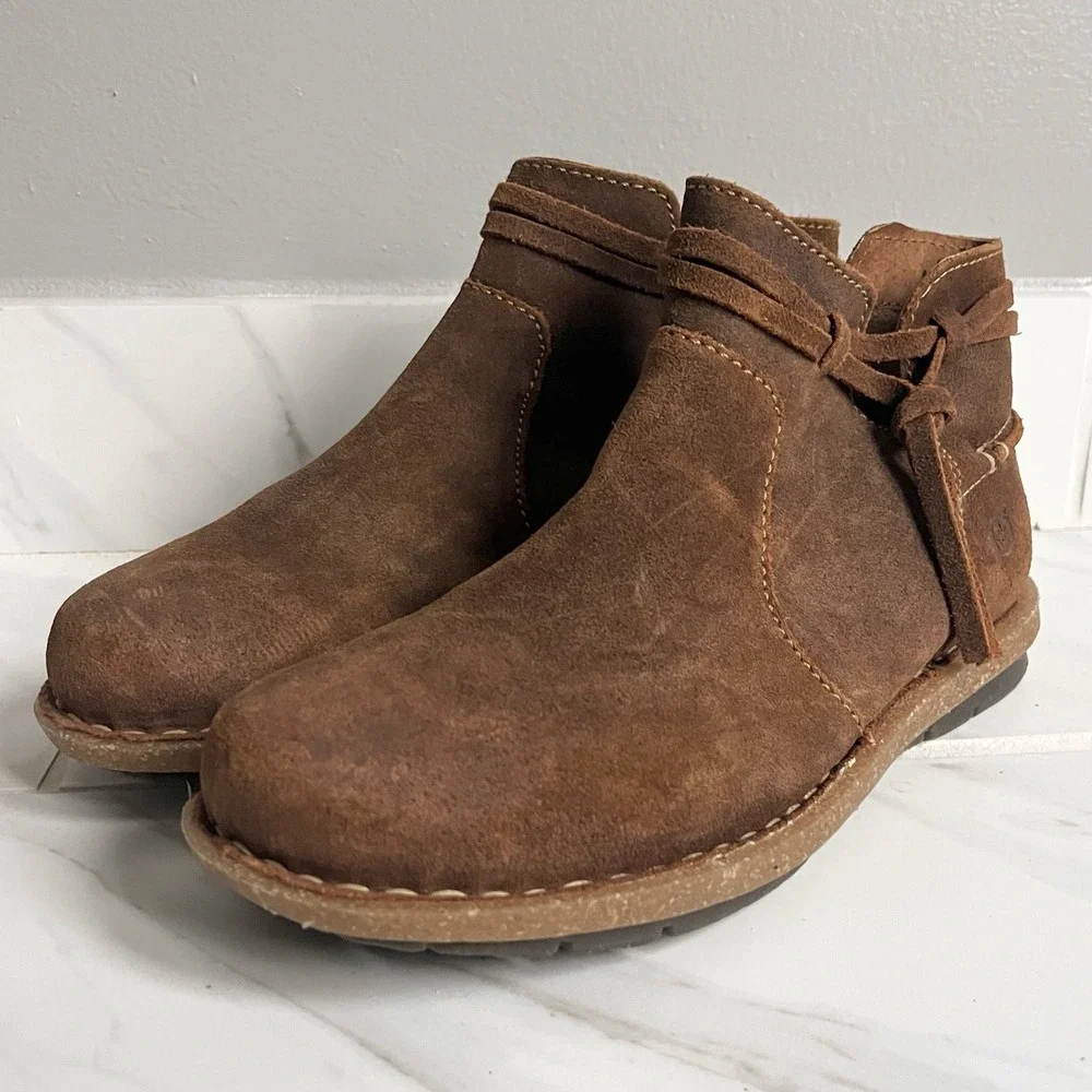 Born Women's Tarkiln Brown Suede Ankle Boots Zip Leather‎ Wrap Laces Size 6 M/W
